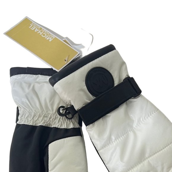 Michael Kors Quilted Black & White Leather Palm Touch Gloves with MK Logo. Sz M - Picture 9 of 16